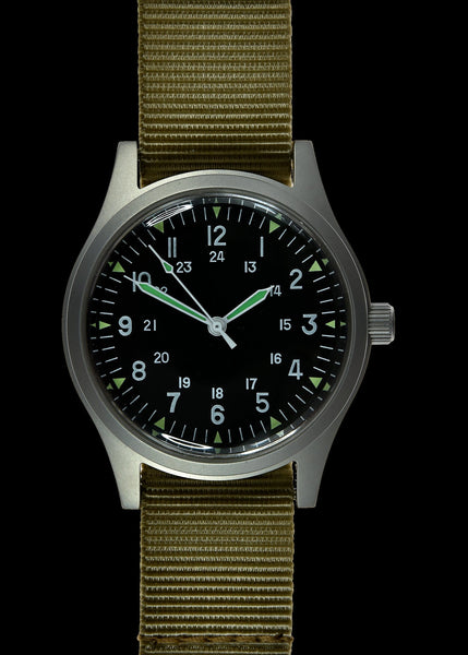 GG-W-113 U.S 1960s Pattern Automatic Military Watch with Shatter and Scratch Resistant Sapphire Box Crystal on Matching Retro Stainless Steel "Bonklip" Bracelet with an Additional Webbing Straps