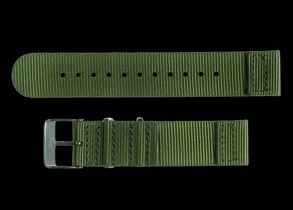2 Piece 18mm Olive NATO Military Watch Strap in Ballistic Nylon with Stainless Steel Fasteners