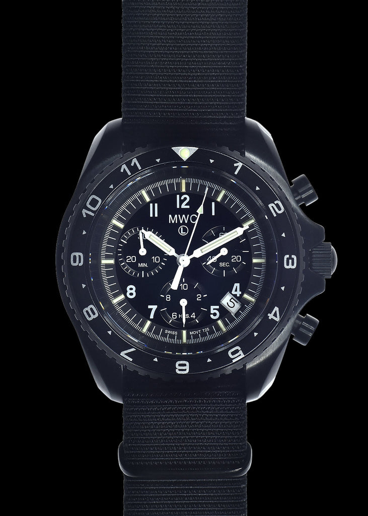 MWC NATO Pattern Stainless Steel Military Pilots Chronograph with Sapphire Crystal and Swiss Ronda Movement - 12 Hour GMT Bezel and GTLS/Tritium Illumination