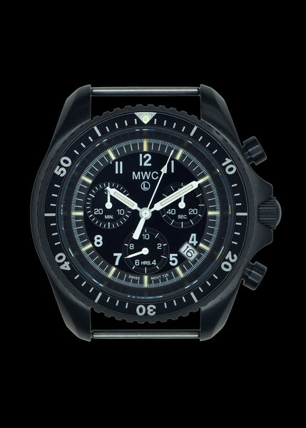 MWC NATO PatternBlack PVD Steel Military Pilots Chronograph with Sapphire Crystal and Swiss Ronda Movement with GTLS/Tritium Illumination
