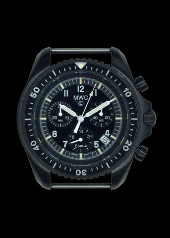 MWC NATO PatternBlack PVD Steel Military Pilots Chronograph with Sapphire Crystal and Swiss Ronda Movement with GTLS/Tritium Illumination