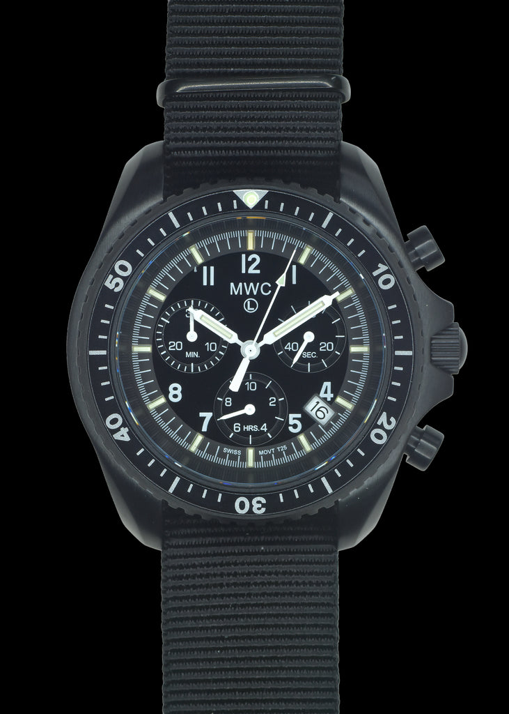 MWC NATO PatternBlack PVD Steel Military Pilots Chronograph with Sapphire Crystal and Swiss Ronda Movement with GTLS/Tritium Illumination