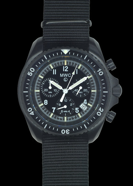 MWC NATO PatternBlack PVD Steel Military Pilots Chronograph with Sapphire Crystal and Swiss Ronda Movement with GTLS/Tritium Illumination
