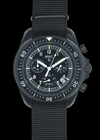 MWC NATO PatternBlack PVD Steel Military Pilots Chronograph with Sapphire Crystal and Swiss Ronda Movement with GTLS/Tritium Illumination