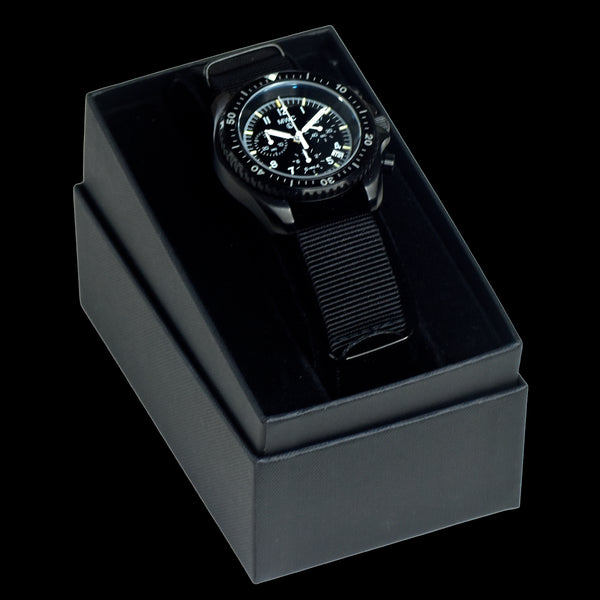 MWC NATO PatternBlack PVD Steel Military Pilots Chronograph with Sapphire Crystal and Swiss Ronda Movement with GTLS/Tritium Illumination